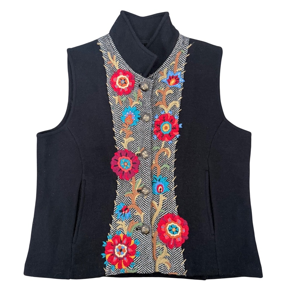 Icelandic Design Black Wool Floral Embroidered Herringbone Vest Large